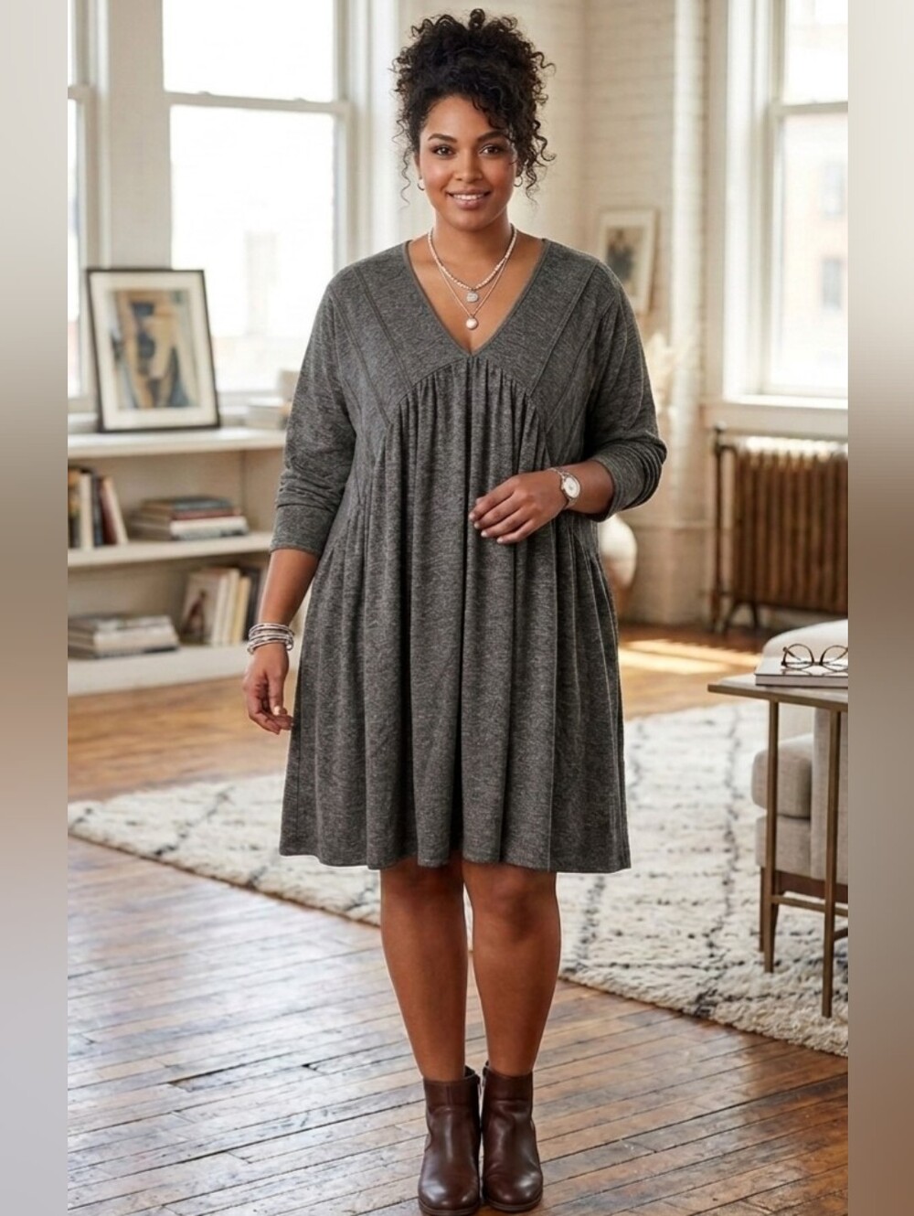 Beyond This Plane Long Sleeve V Neck Babydoll Dress